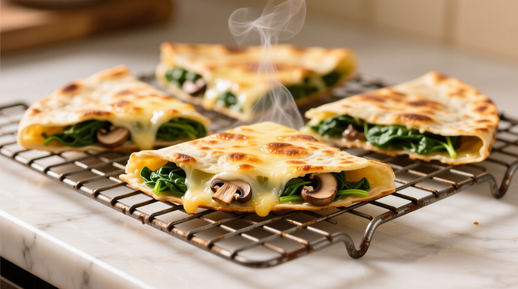 Golden baked spinach mushroom quesadillas on wire rack