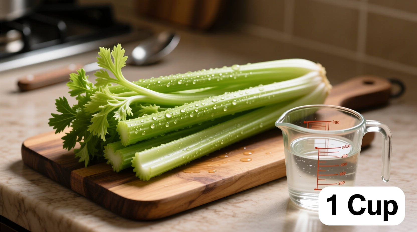 Fresh celery ribs on cutting board with measuring cup