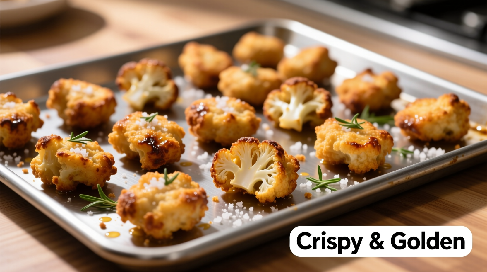Golden brown cauliflower chicken nuggets on baking sheet
