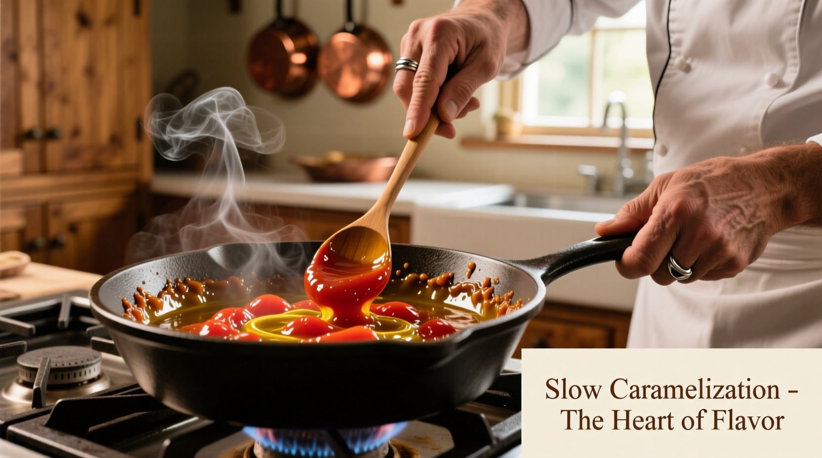 Chef caramelizing tomato paste in olive oil