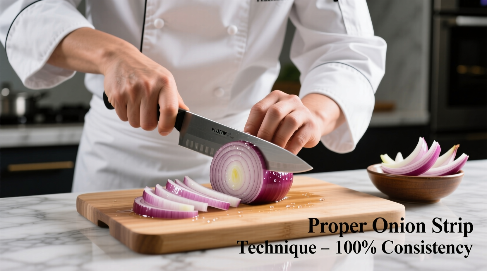 Chef demonstrating proper onion strip cutting technique