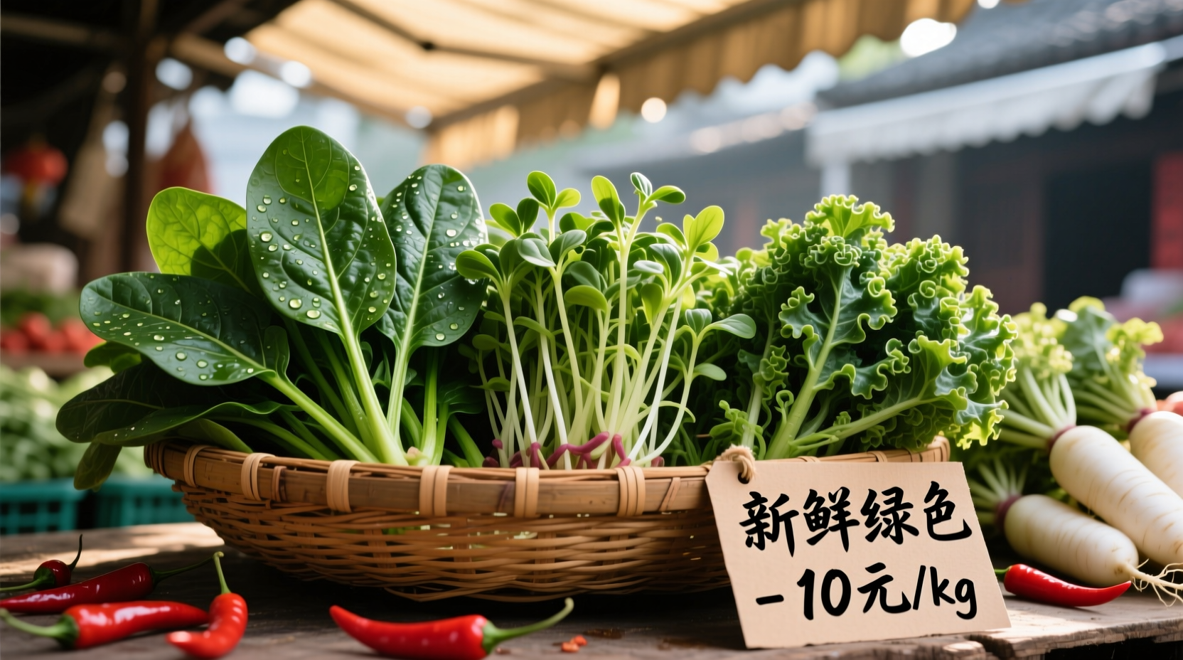 Fresh spinach varieties in Chinese market basket