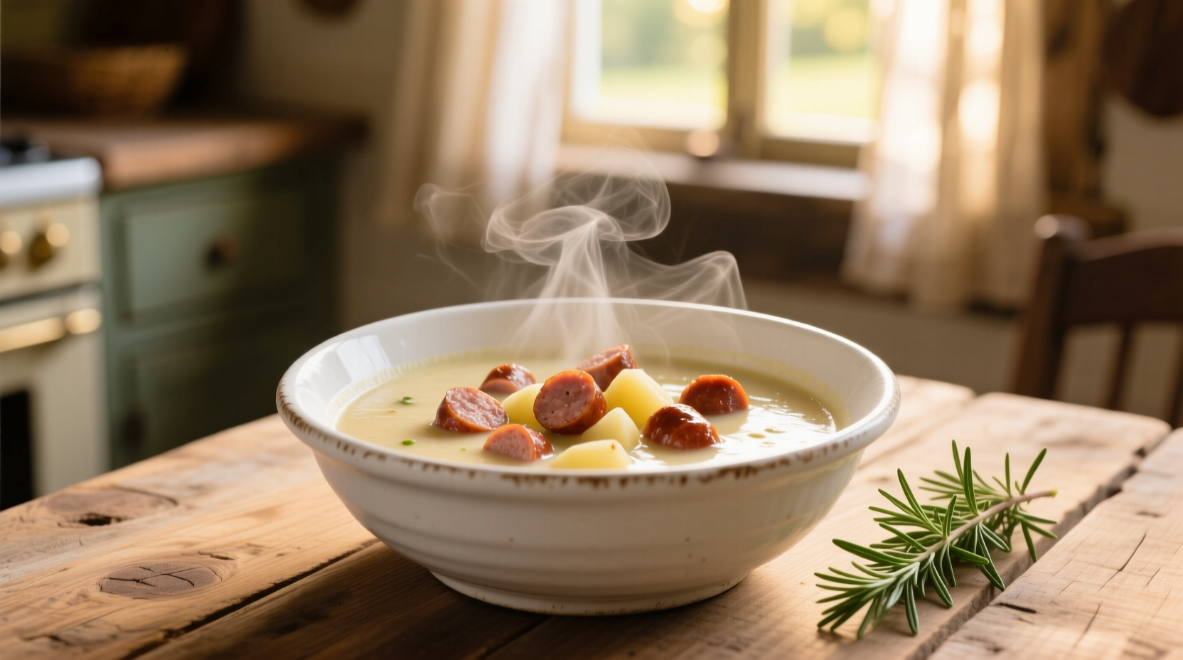 Kartoffelsuppe mit italienischer Salsiccia in weißer Schüssel