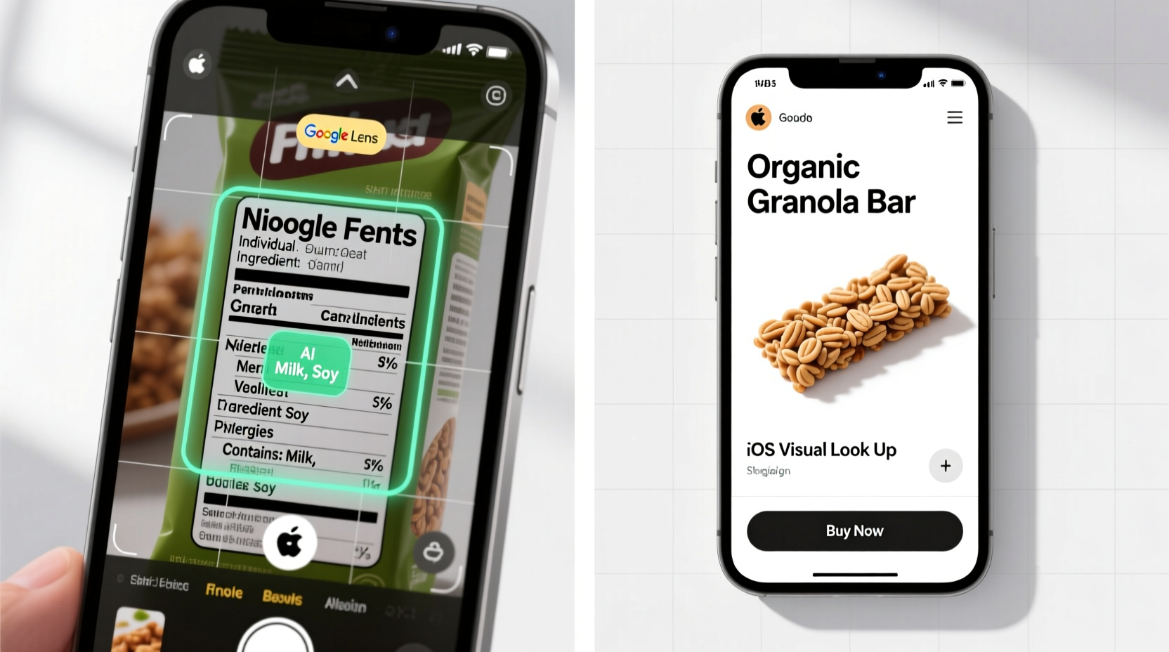 Side-by-side comparison showing Google Lens highlighting and extracting ingredient text from a nutrition label, while iOS Visual Look Up displays only a product name and shopping links