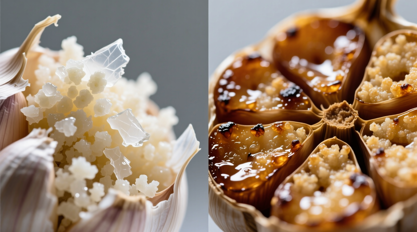 Close-up of granular garlic texture comparison