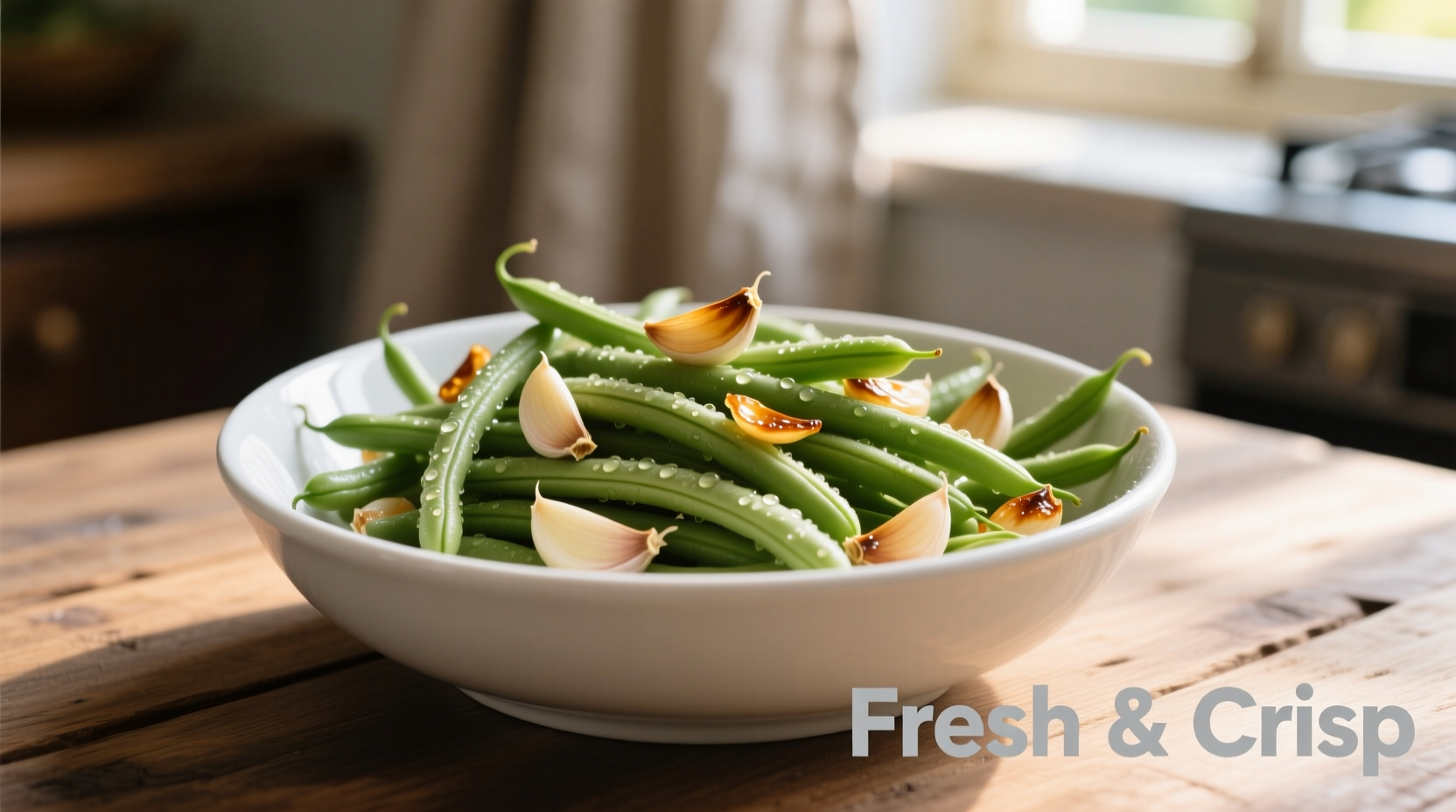 Crisp garlic string beans in white bowl