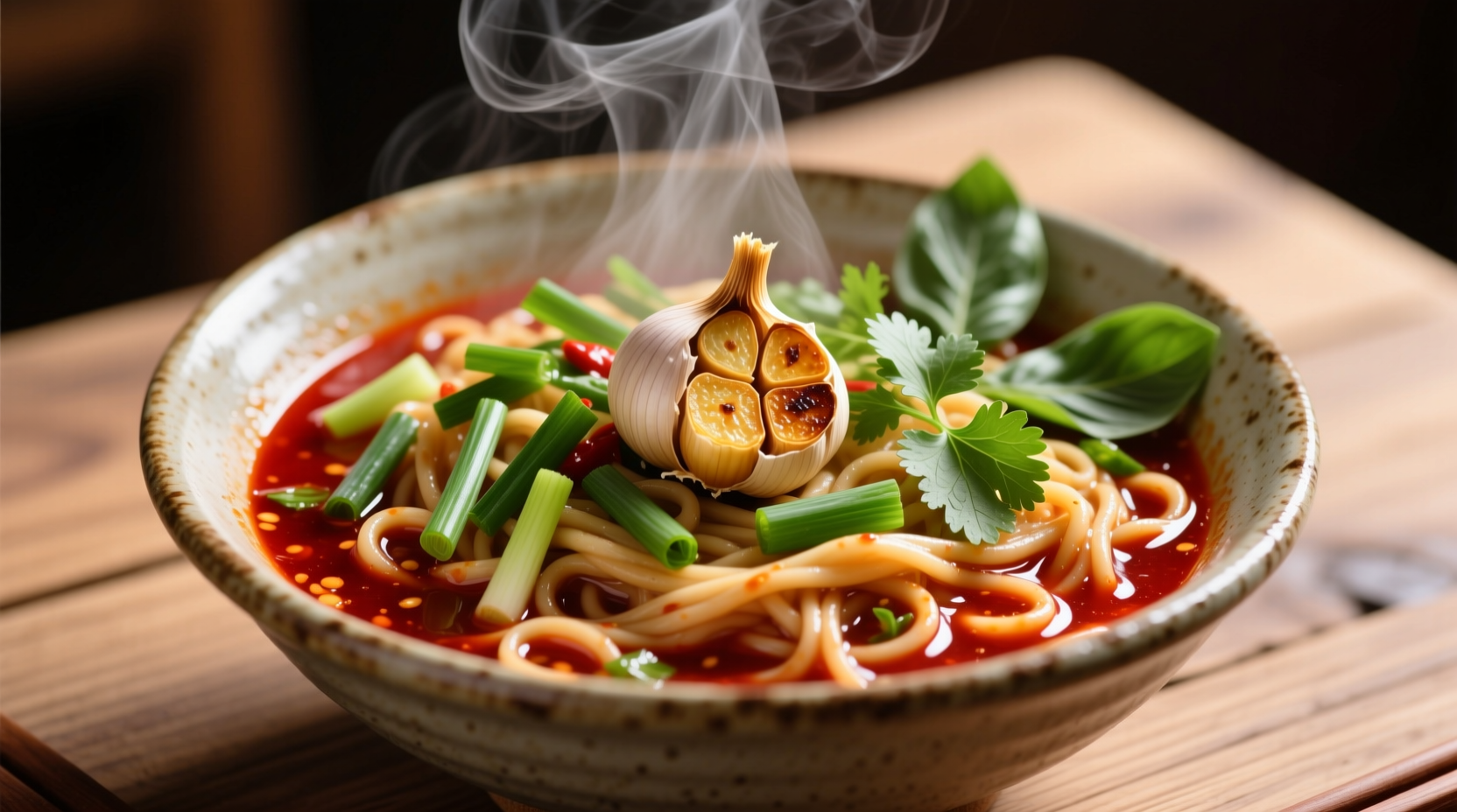 Steaming bowl of garlic chili noodles with fresh herbs