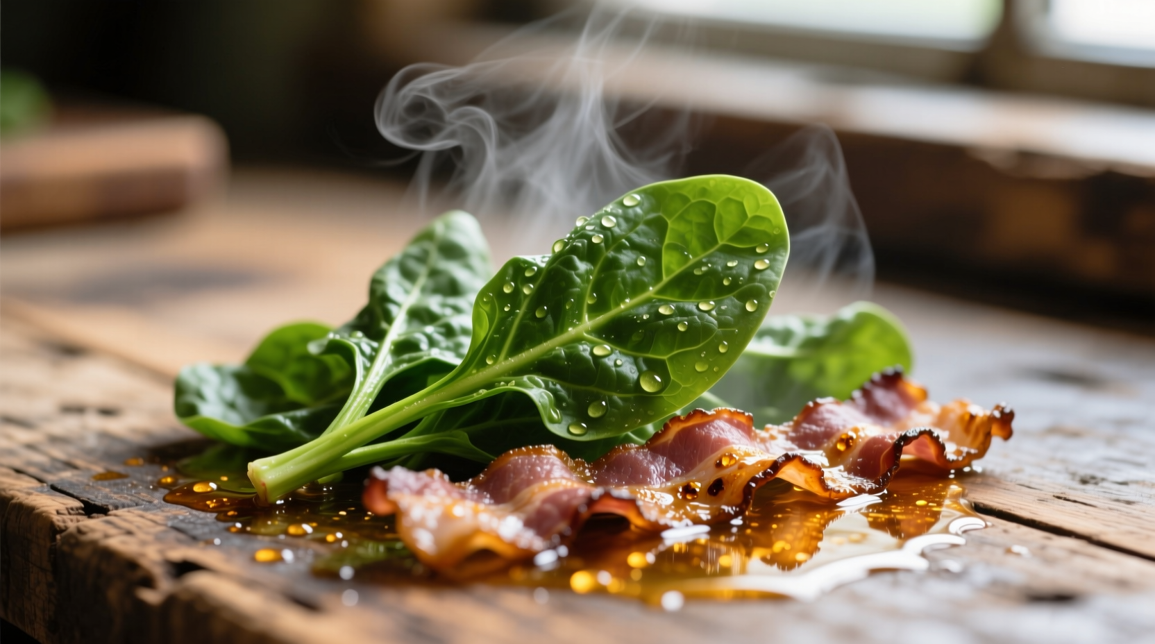 Fresh spinach wilting in bacon fat