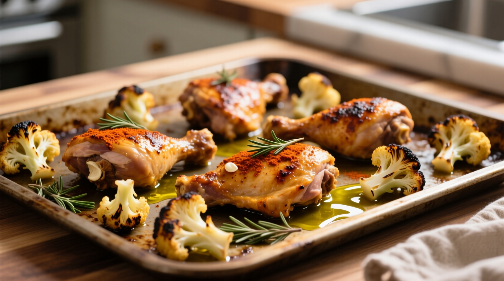 Golden brown chicken thighs with roasted cauliflower on sheet pan