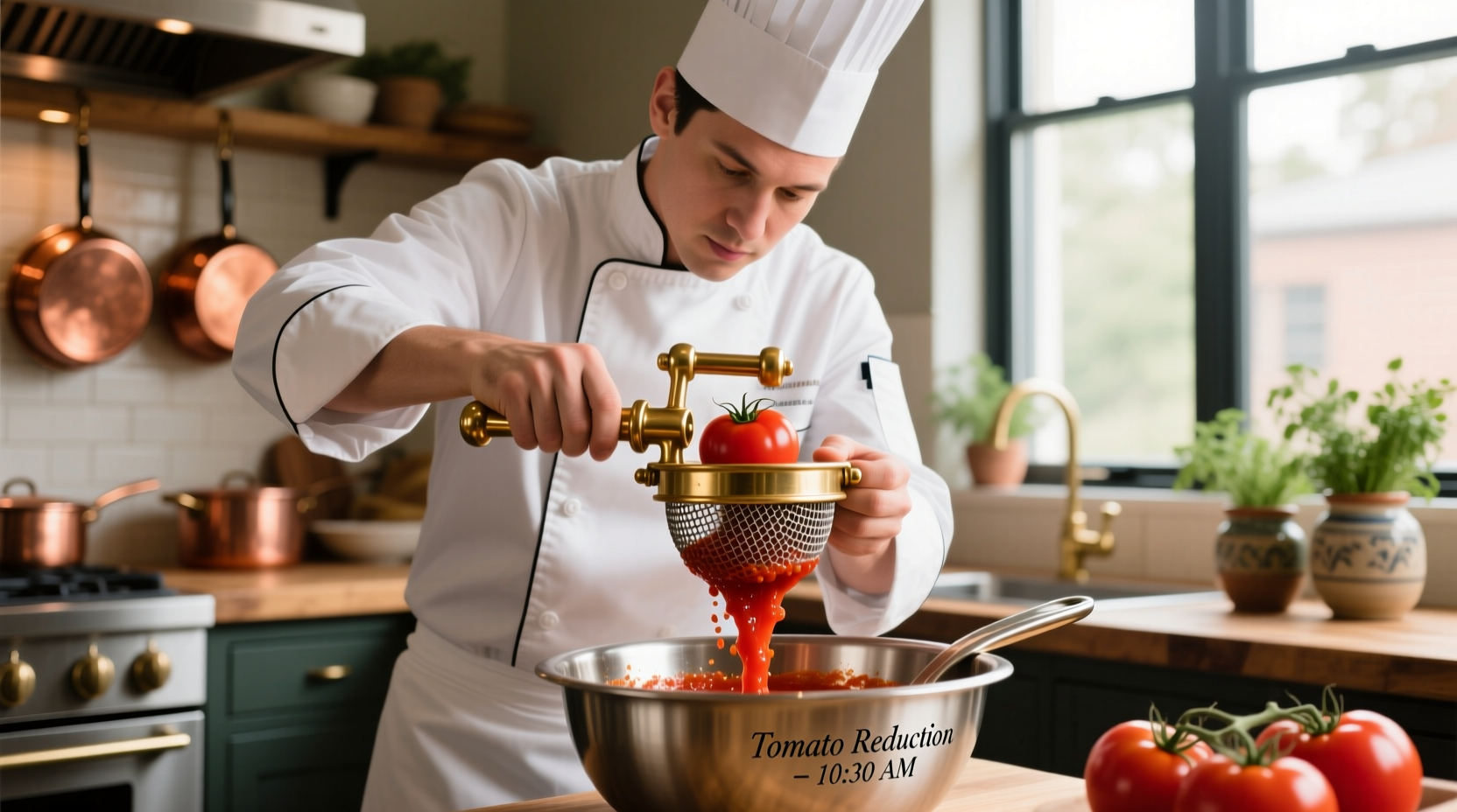 Professional chef using manual tomato strainer for sauce preparation