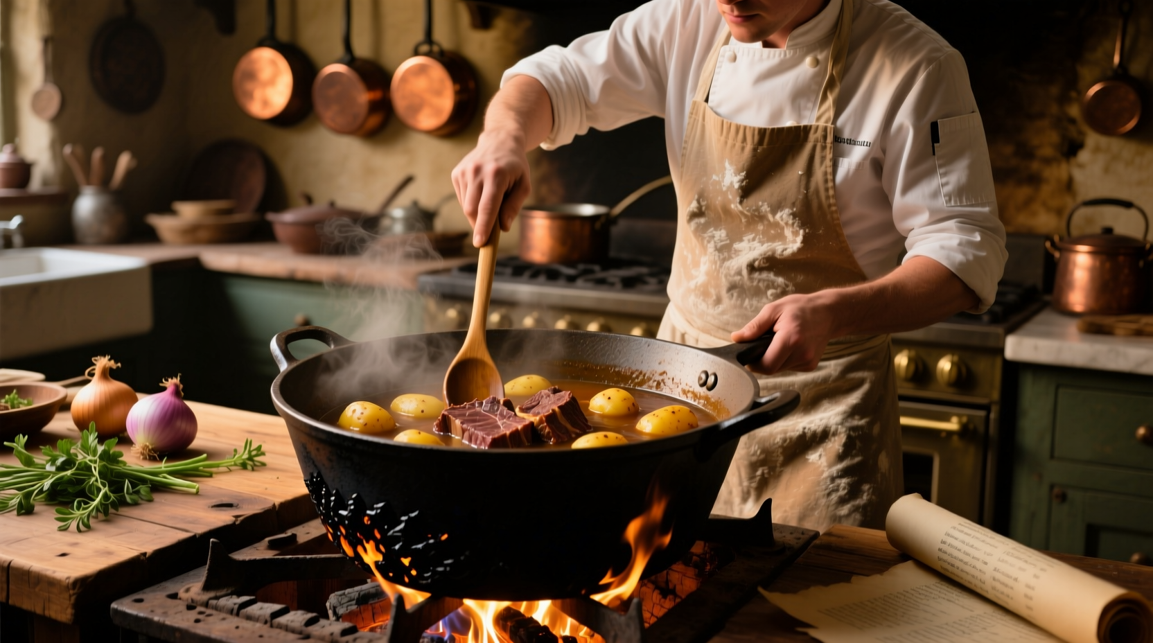 Chef preparing beef and potato stew in cast iron pot