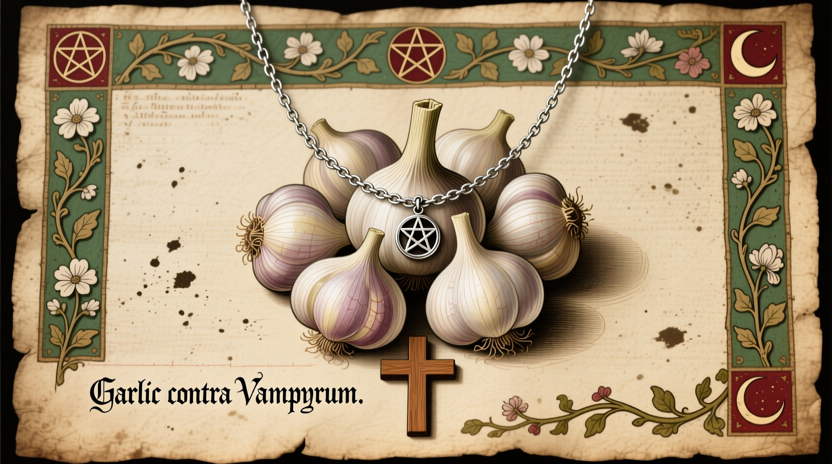 Historical illustration of garlic used in vampire protection rituals