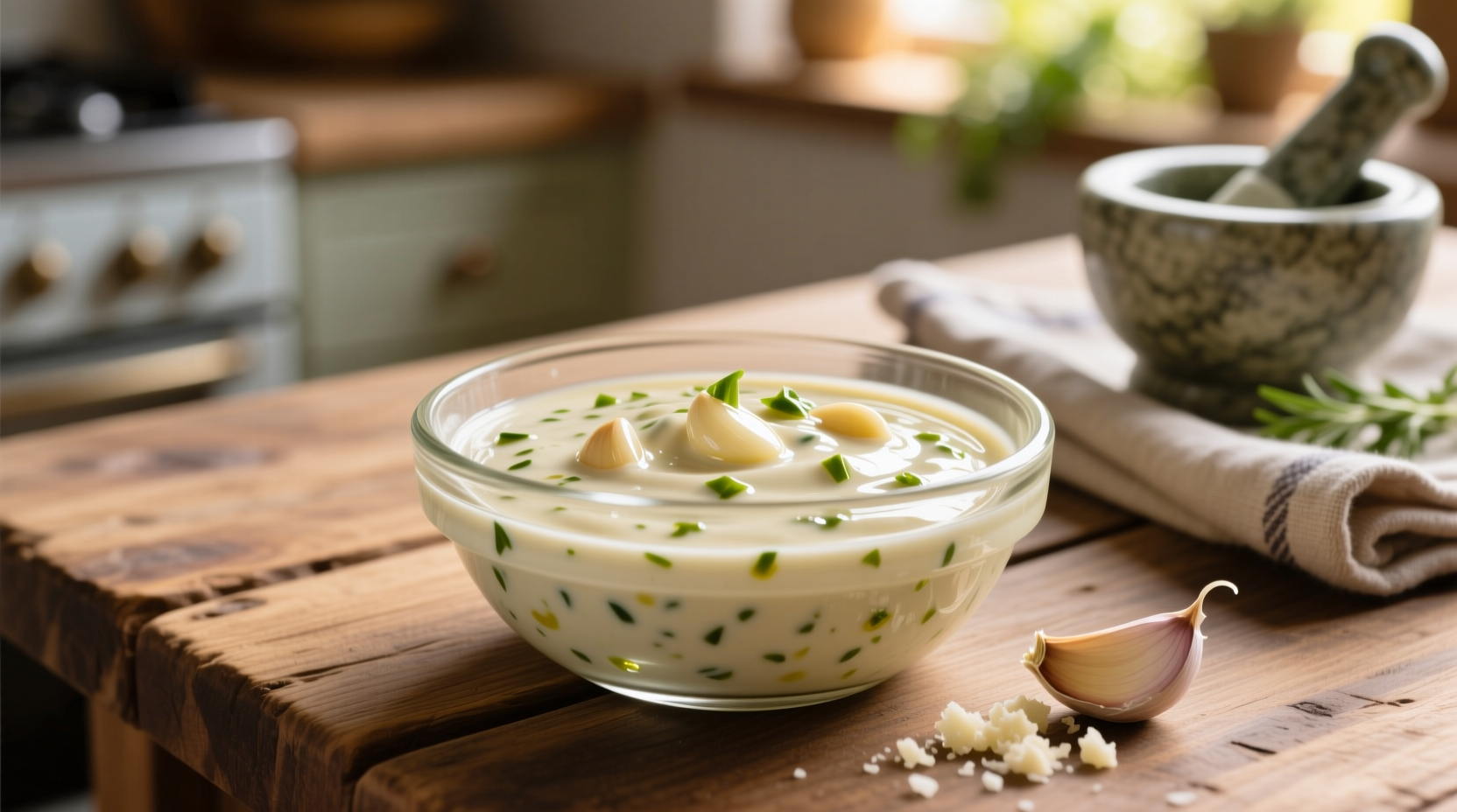 Creamy homemade garlic sauce in glass bowl with fresh garlic cloves