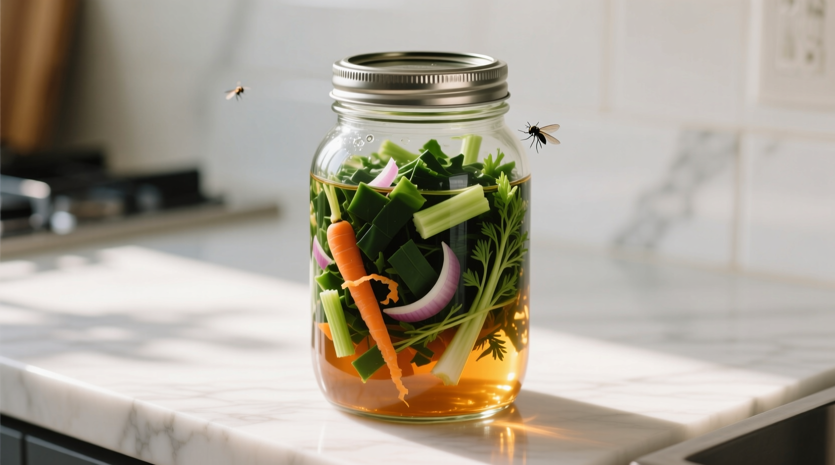 A clear 1-gallon mason jar on a sunlit kitchen counter, filled with dark green vegetable scraps and clear amber liquid, sealed with a tight-fitting lid; no flies, no condensation, no overflow