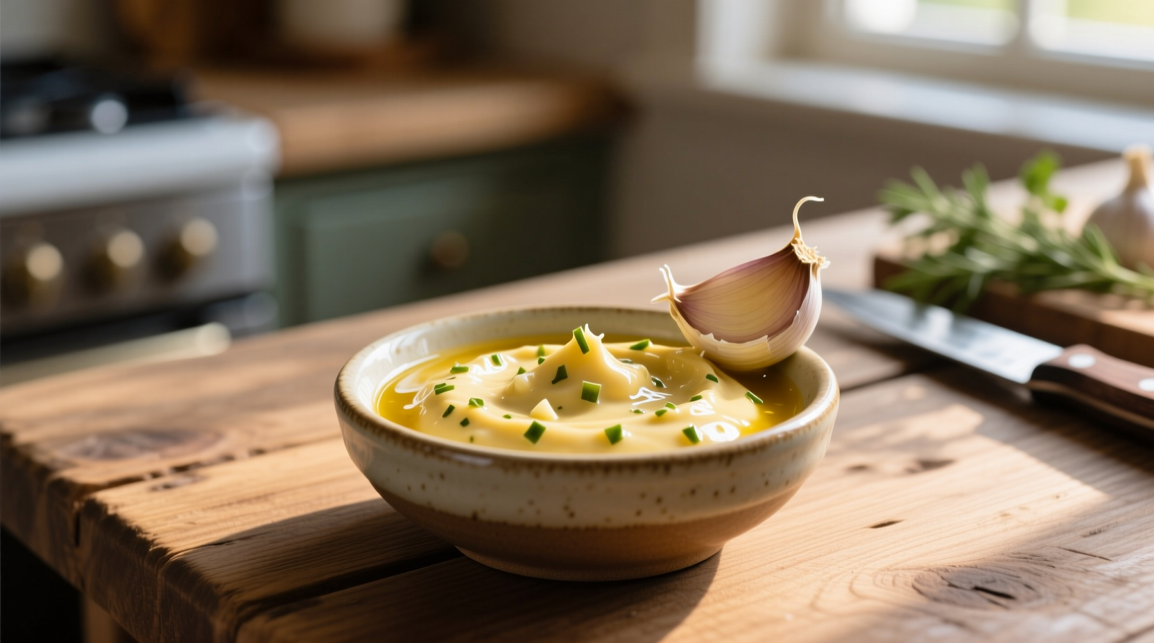 Homemade garlic aioli in a small bowl with garlic cloves