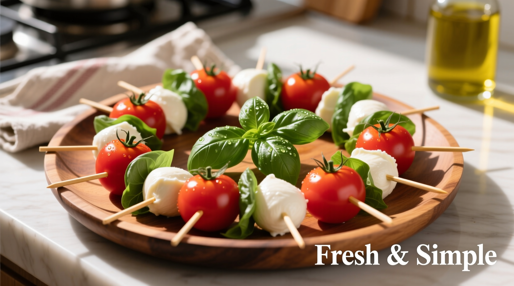 Colorful tomato basil mozzarella skewers arranged on wooden platter
