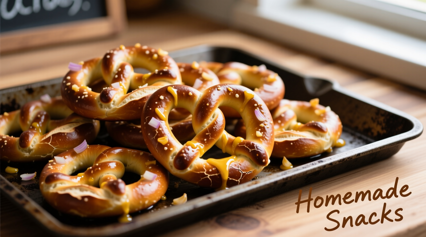 Golden brown honey mustard onion pretzels on baking sheet