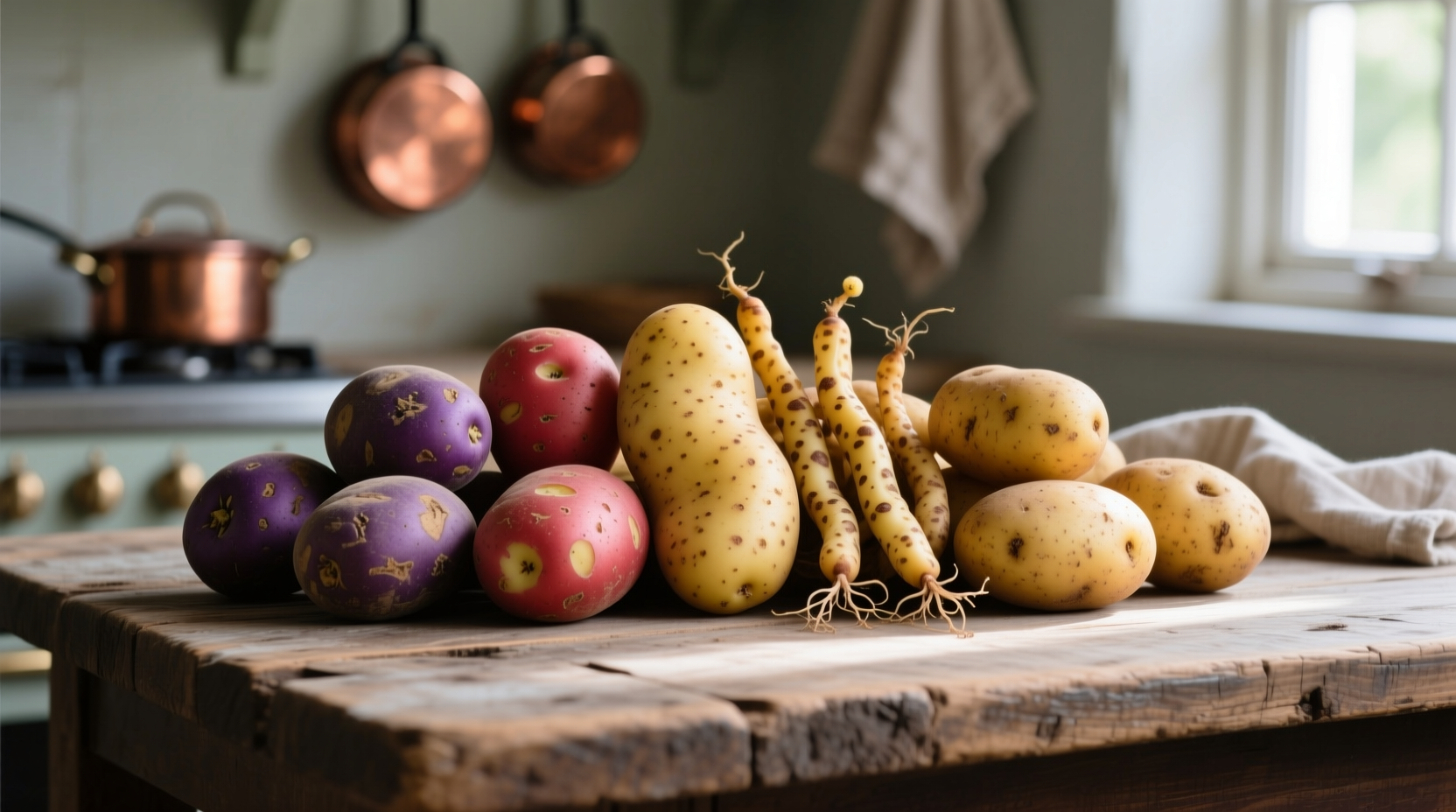 Different potato varieties on wooden table