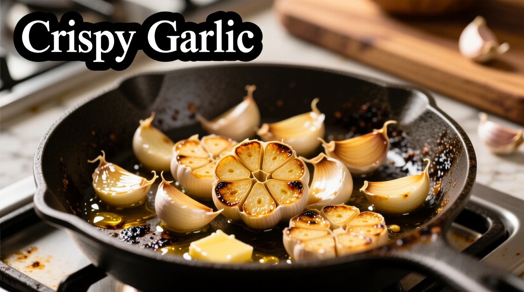 Golden crispy garlic slices in a skillet