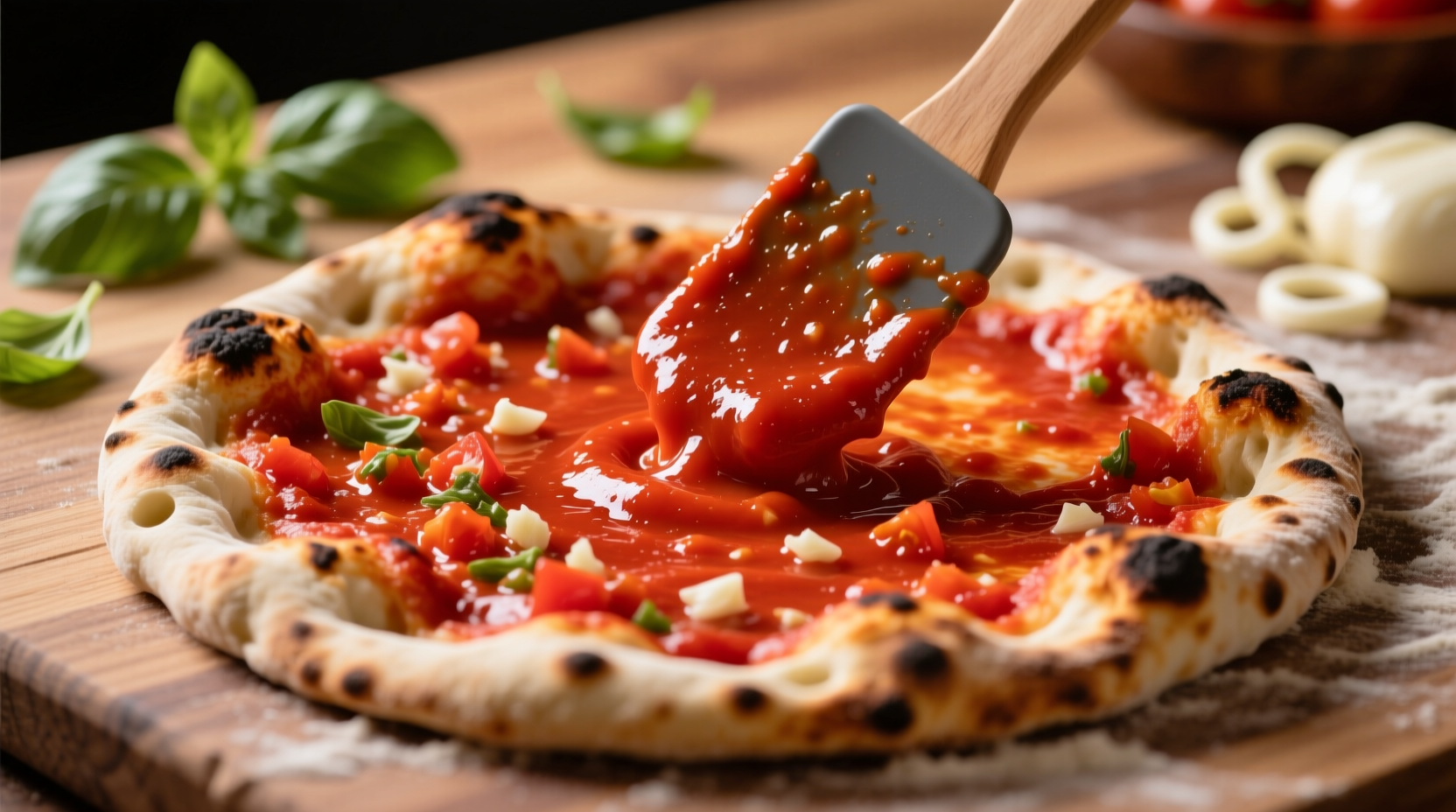 Fresh marinara sauce being spread on pizza dough