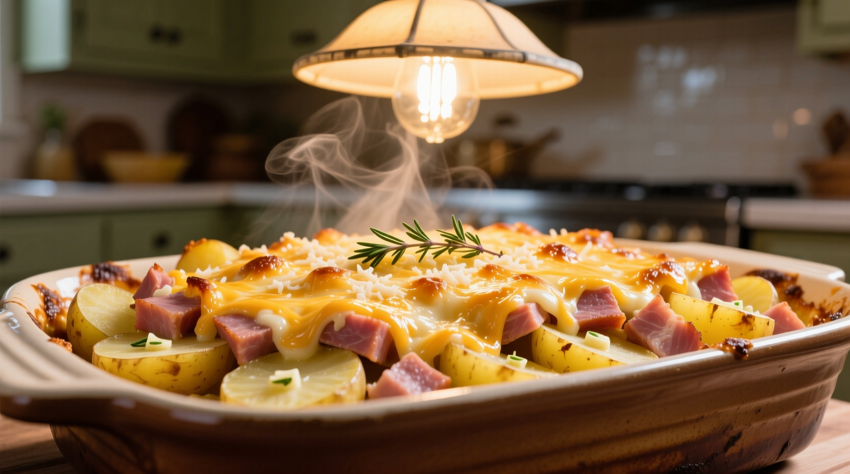 Golden-brown ham and potato casserole with melted cheese topping