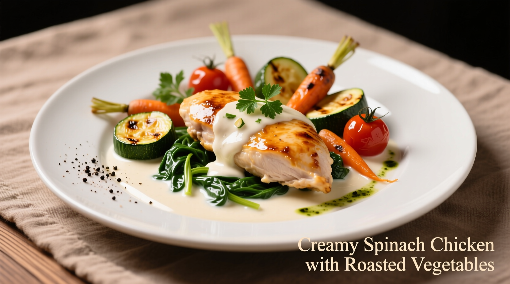 Creamy spinach chicken with roasted vegetables