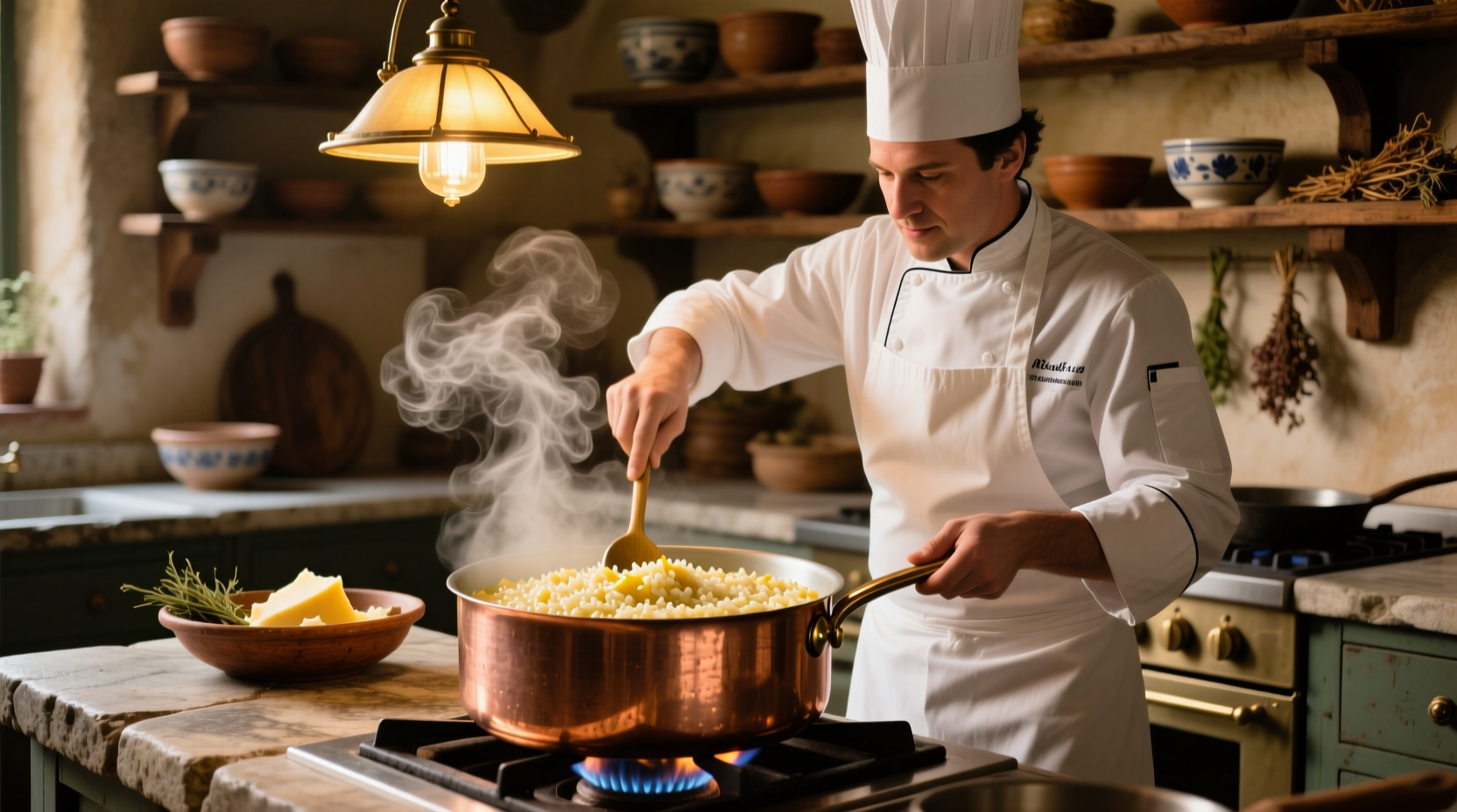 Chef stirring risotto in copper pot with steam rising