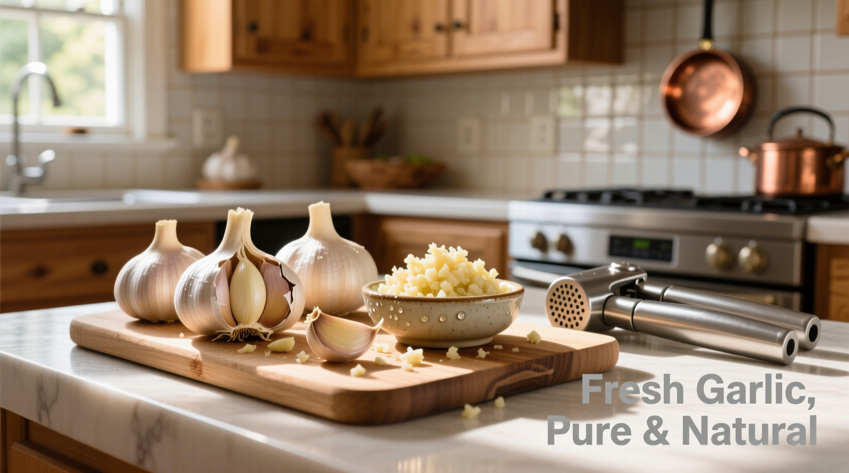 Fresh garlic bulbs and minced garlic products arranged on kitchen counter