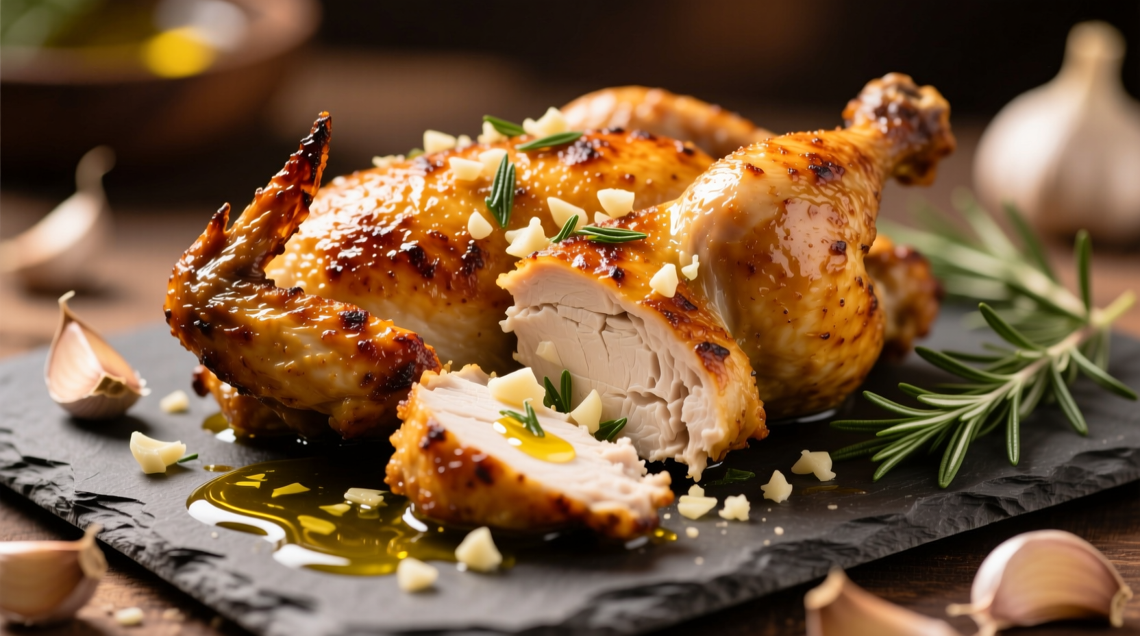 Golden brown garlic chicken with crispy skin