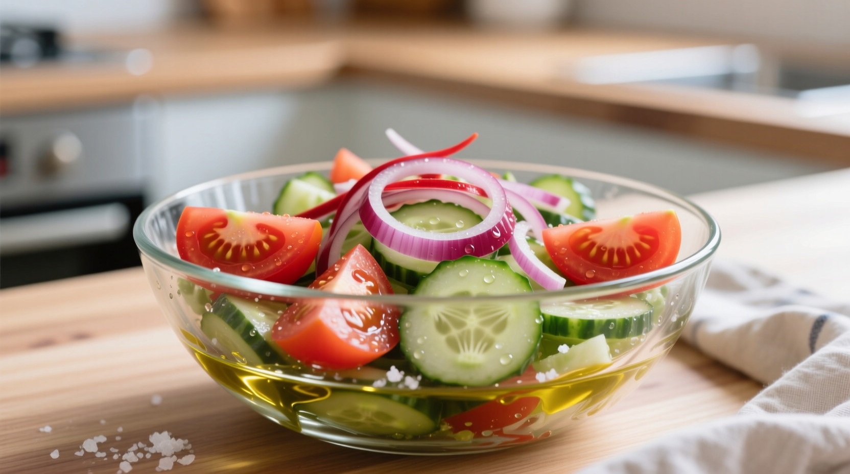 Fresh tomato onion cucumber salad in glass bowl
