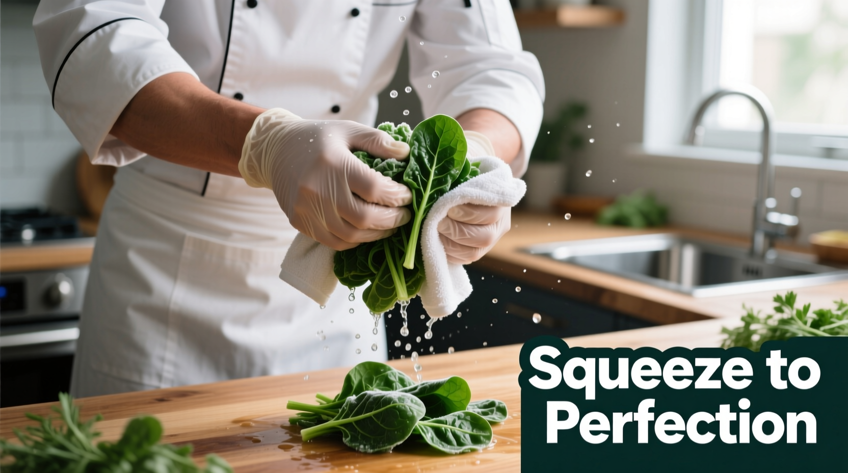 Chef squeezing water from thawed frozen spinach in kitchen towel