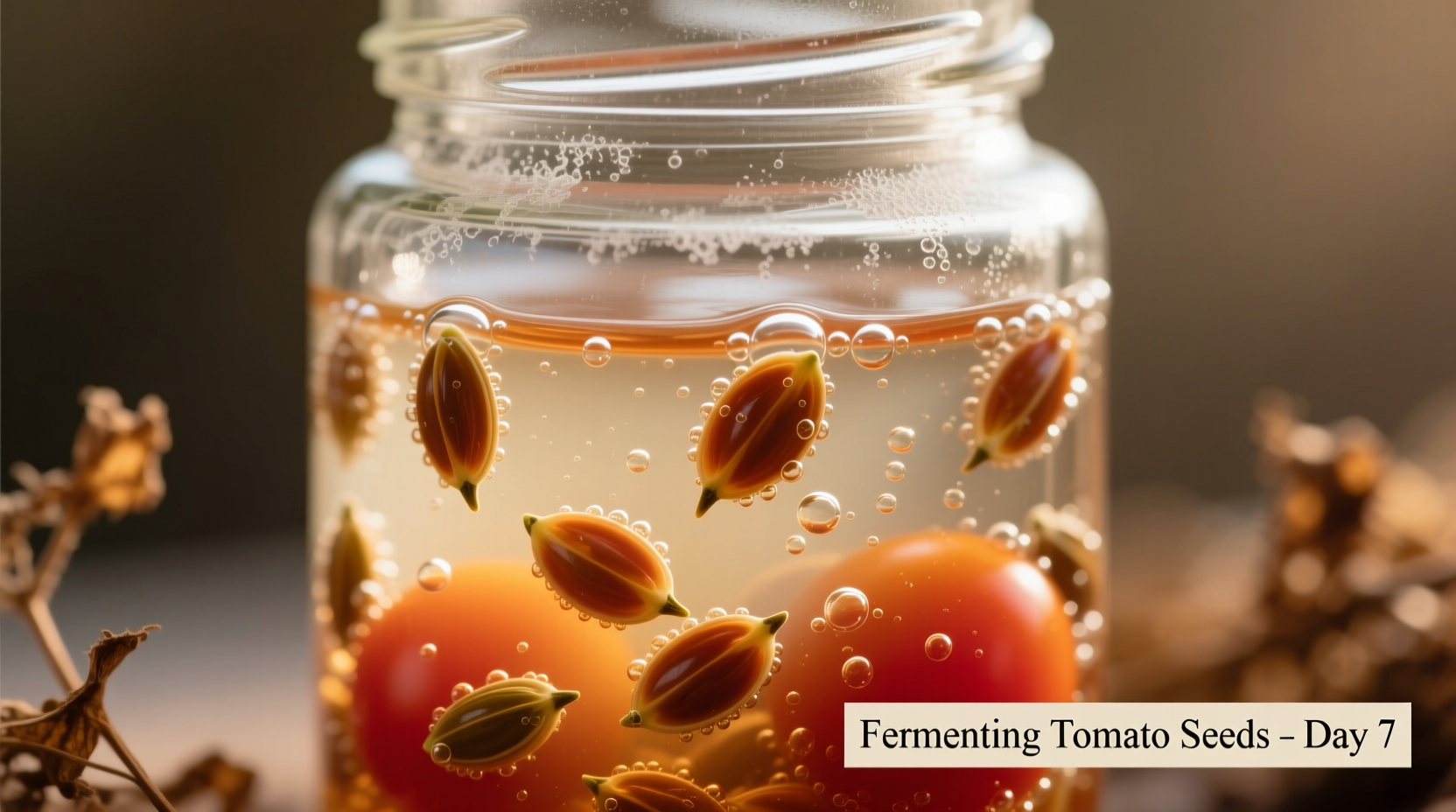 Tomato seeds fermenting in glass jar