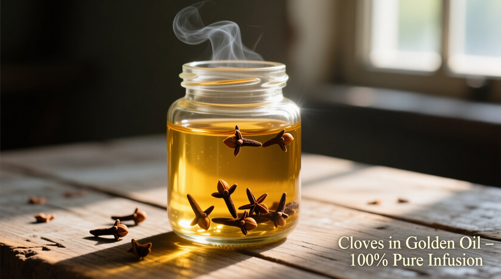 Glass jar with cloves steeping in golden oil