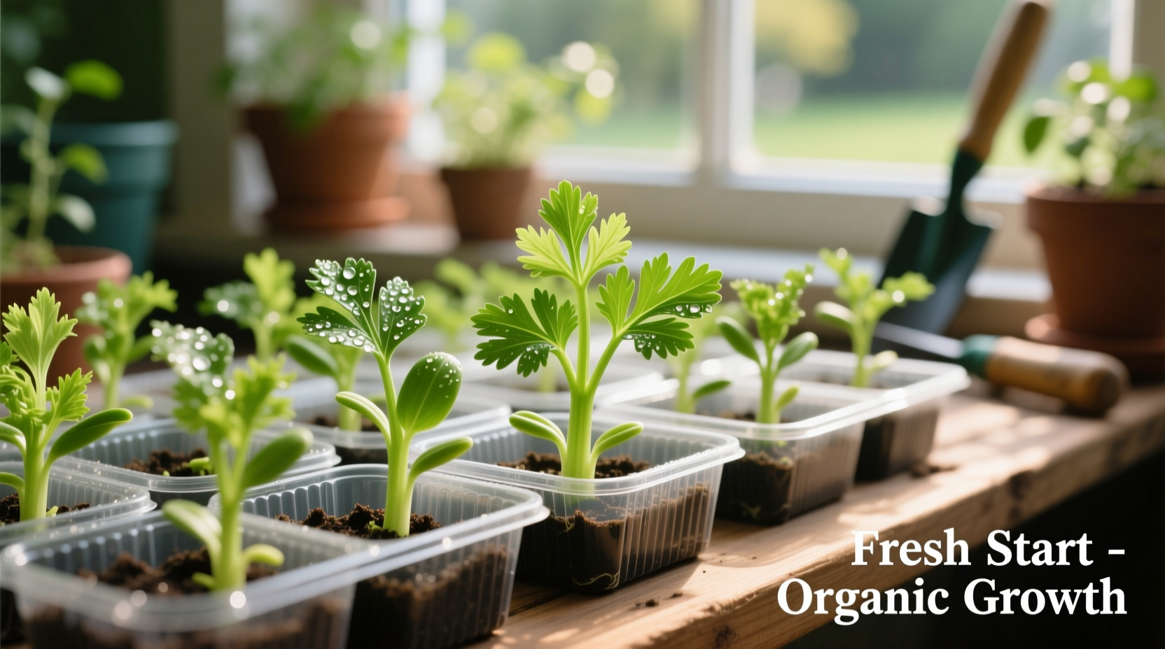 Celery seedlings in starter trays with healthy green growth