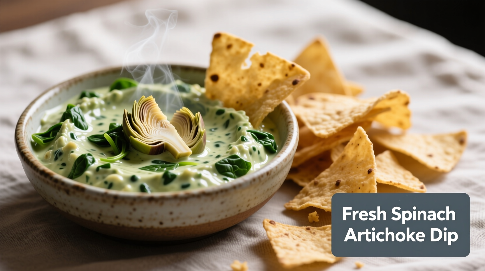 Fresh spinach artichoke dip served with tortilla chips