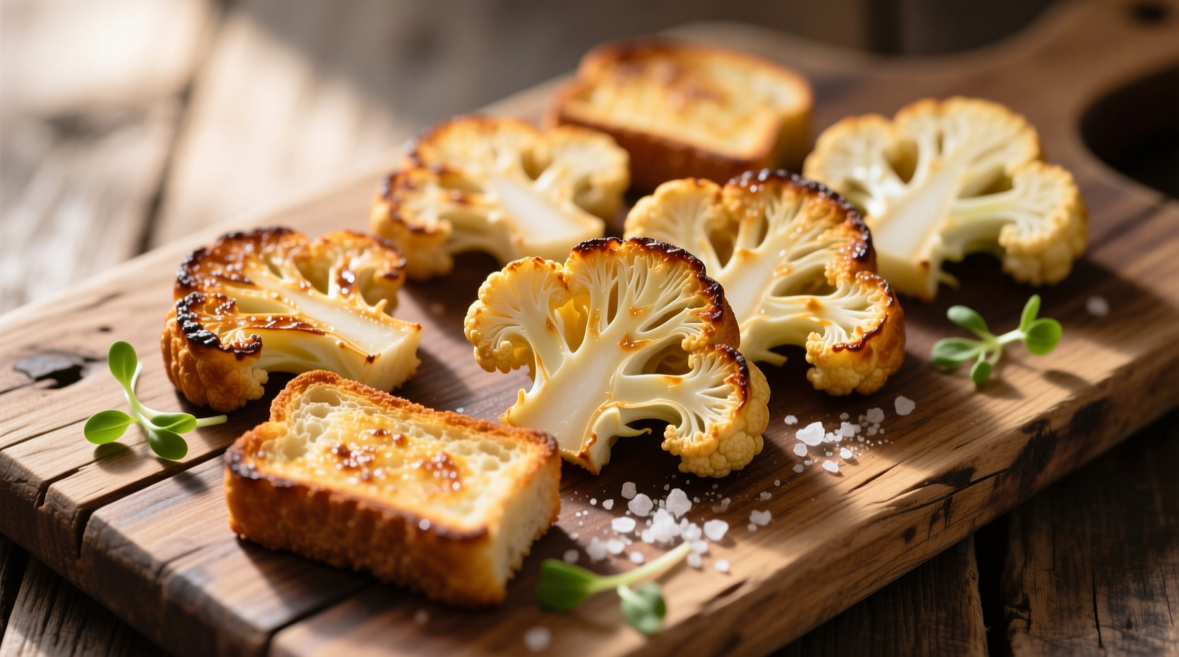 Golden brown cauliflower toast slices on wooden board