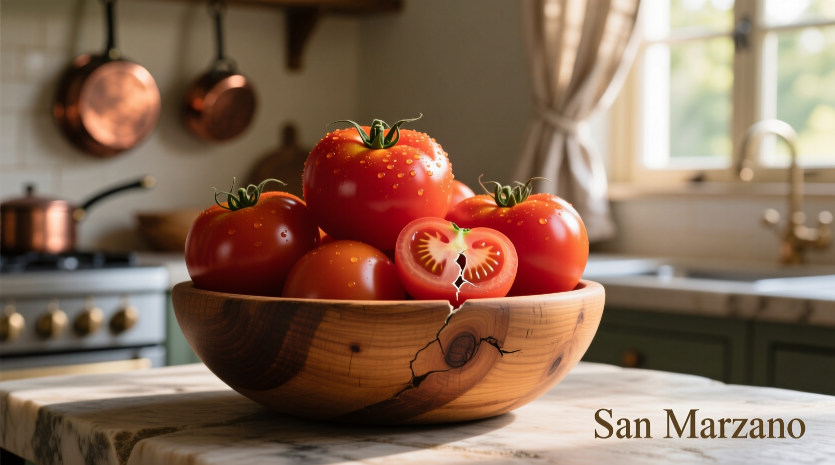 Fresh San Marzano tomatoes in wooden bowl