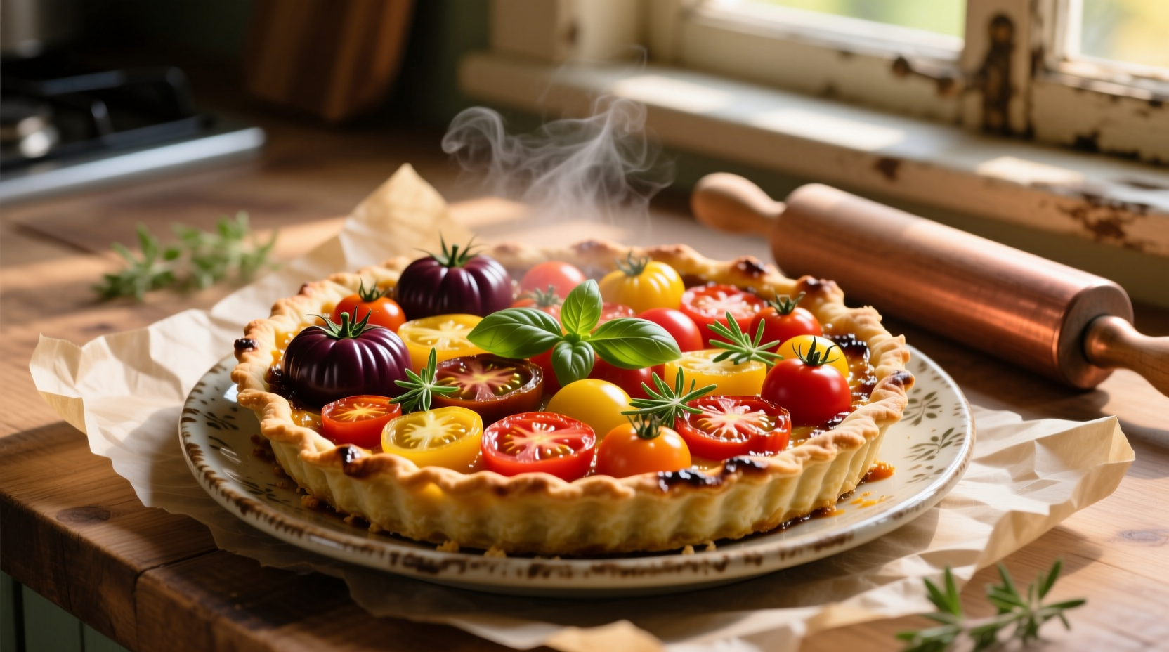 Traditional Goshen tomato pie with heirloom tomatoes on thin crust