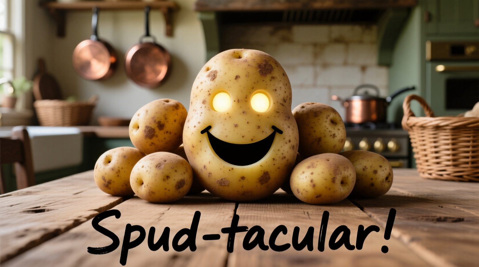 Potatoes arranged to form smiling face with punny caption