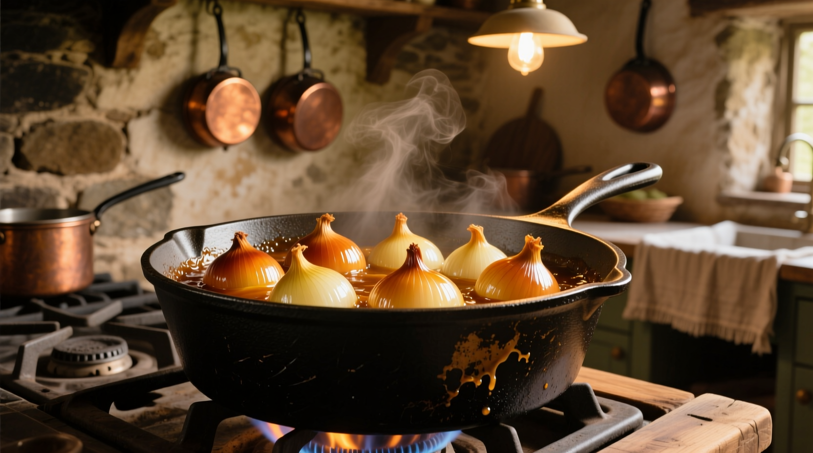 Golden caramelized onions in cast iron pot