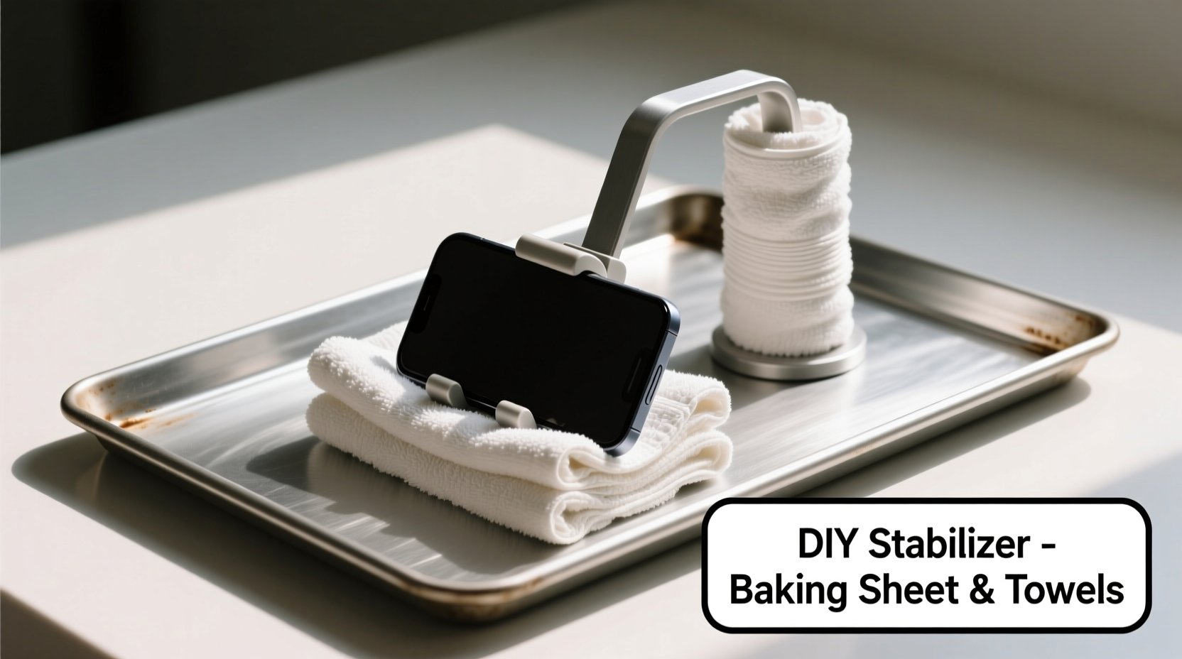 DIY phone stabilizer using baking sheet and towels