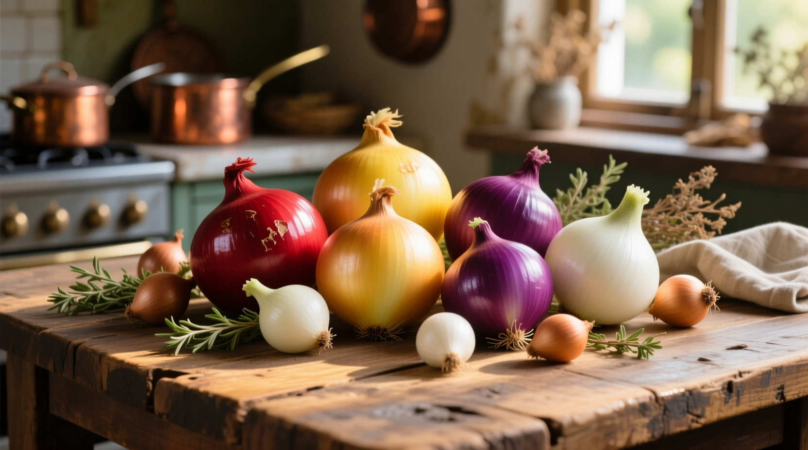 Colorful array of onion family members on wooden table