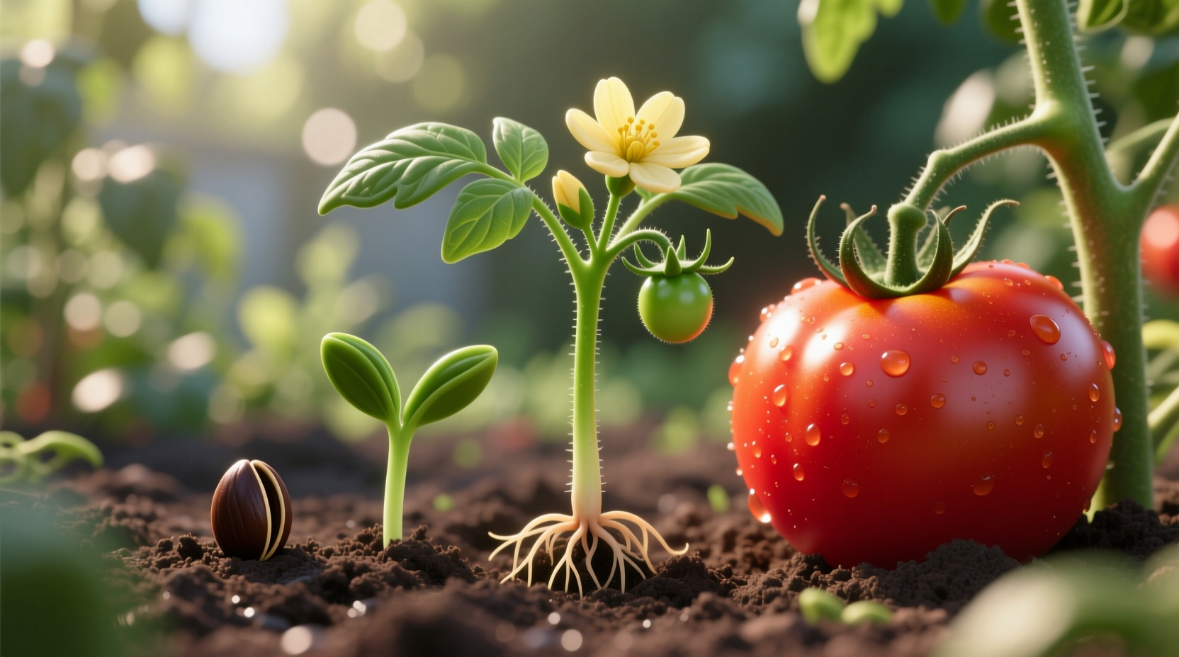 3D tomato animation showing growth stages from seed to ripe fruit
