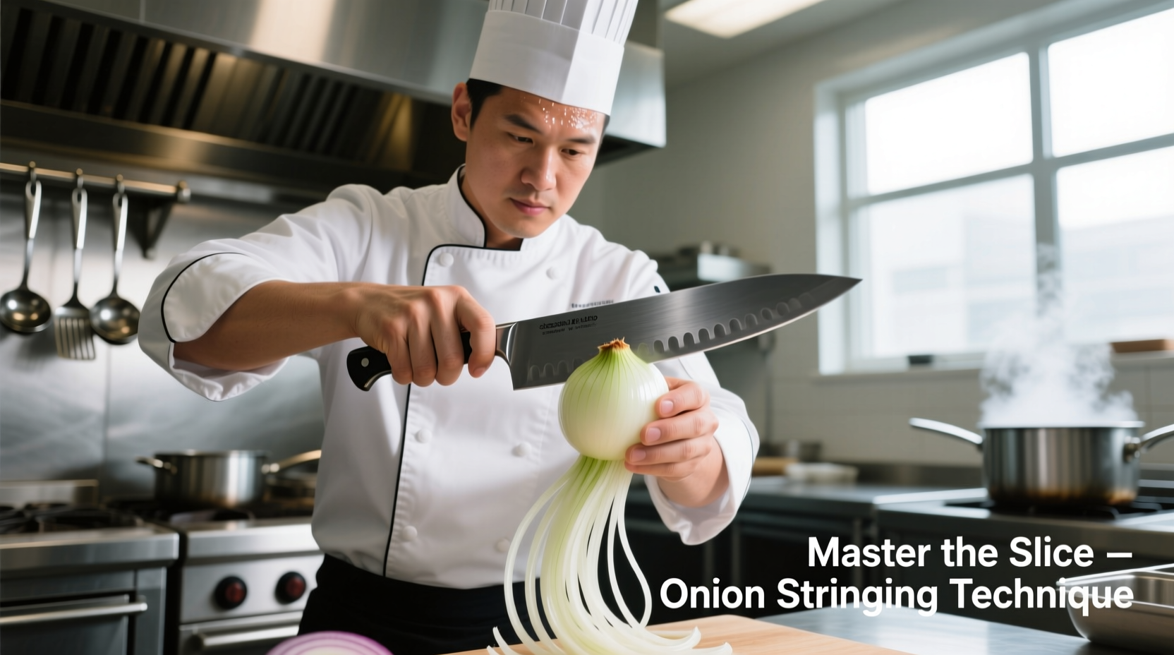 Professional chef demonstrating onion stringing technique with proper knife grip