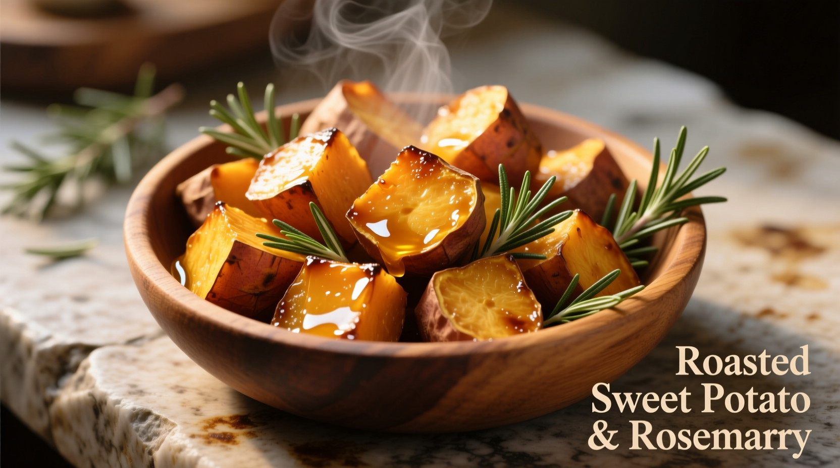 Golden roasted sweet potato cubes with rosemary sprigs