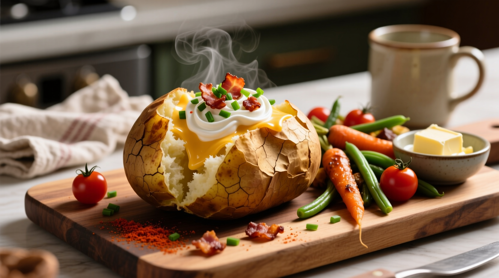 Baked potato with assorted toppings and side dishes