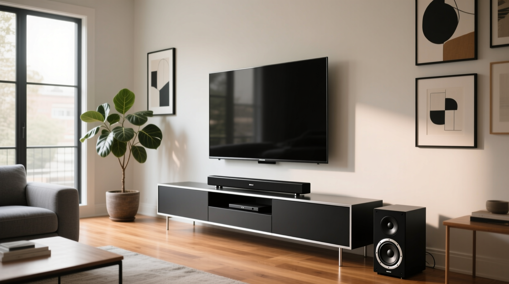 2.1 channel soundbar with subwoofer placed under a TV