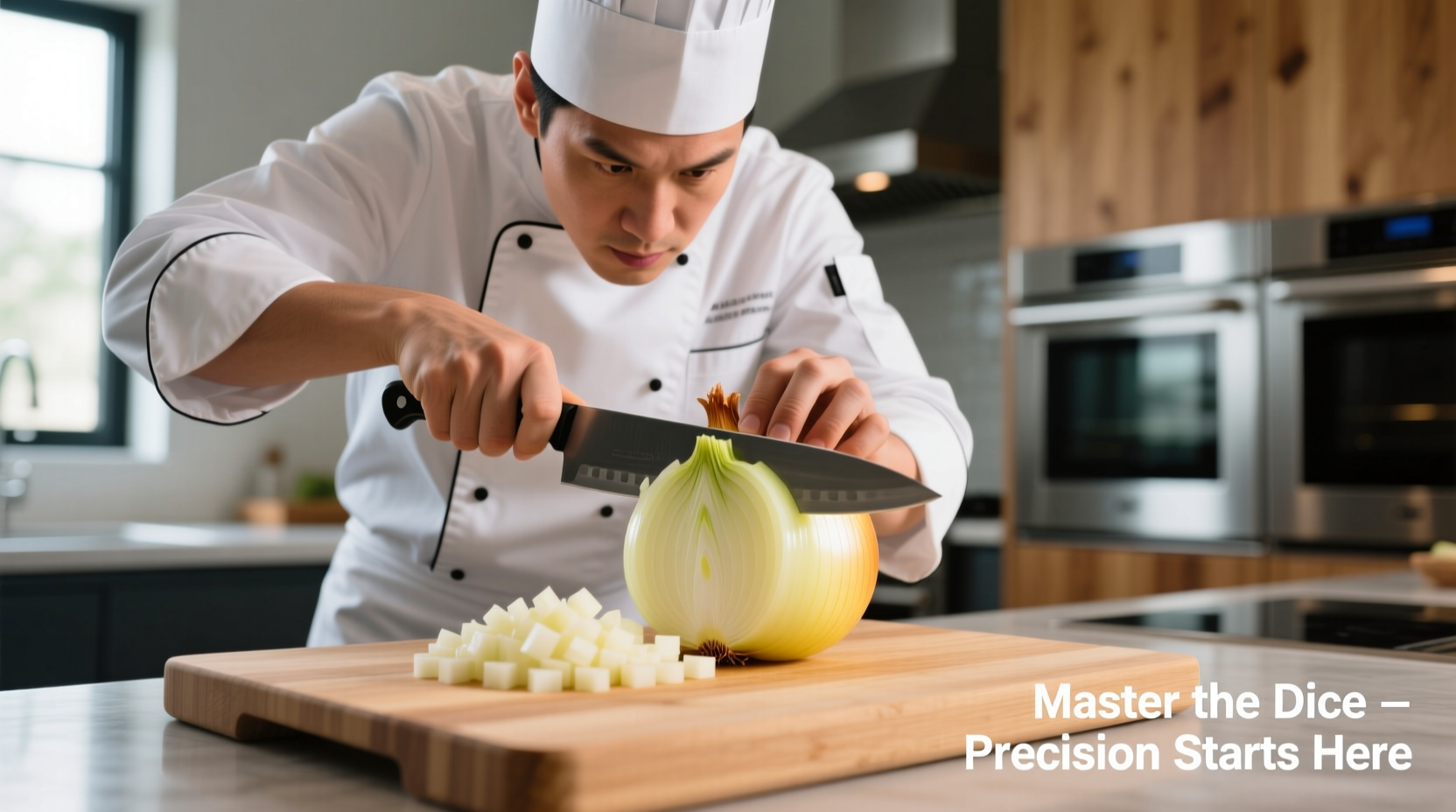 Chef demonstrating proper onion dicing technique