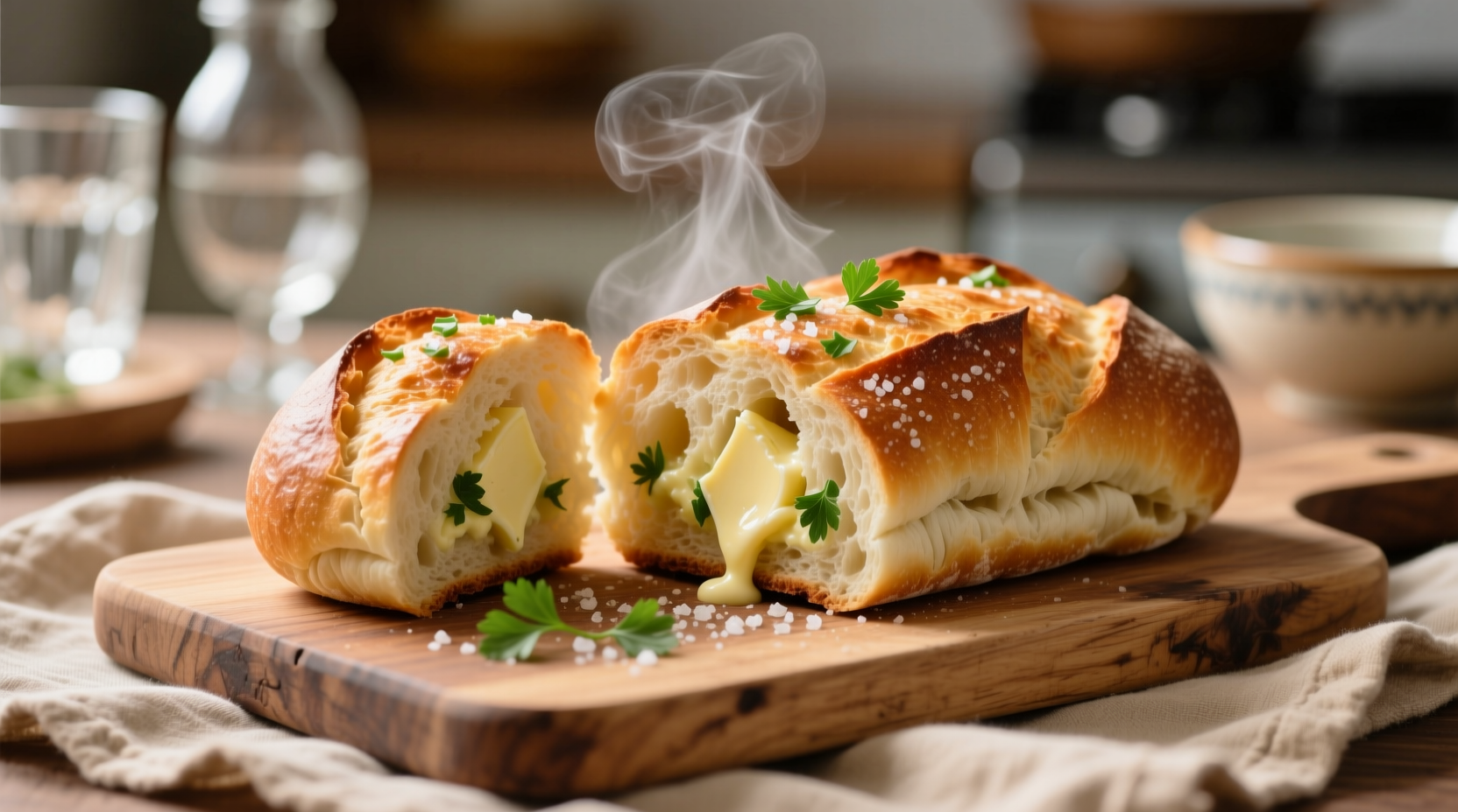 Freshly baked garlic bread with golden crust