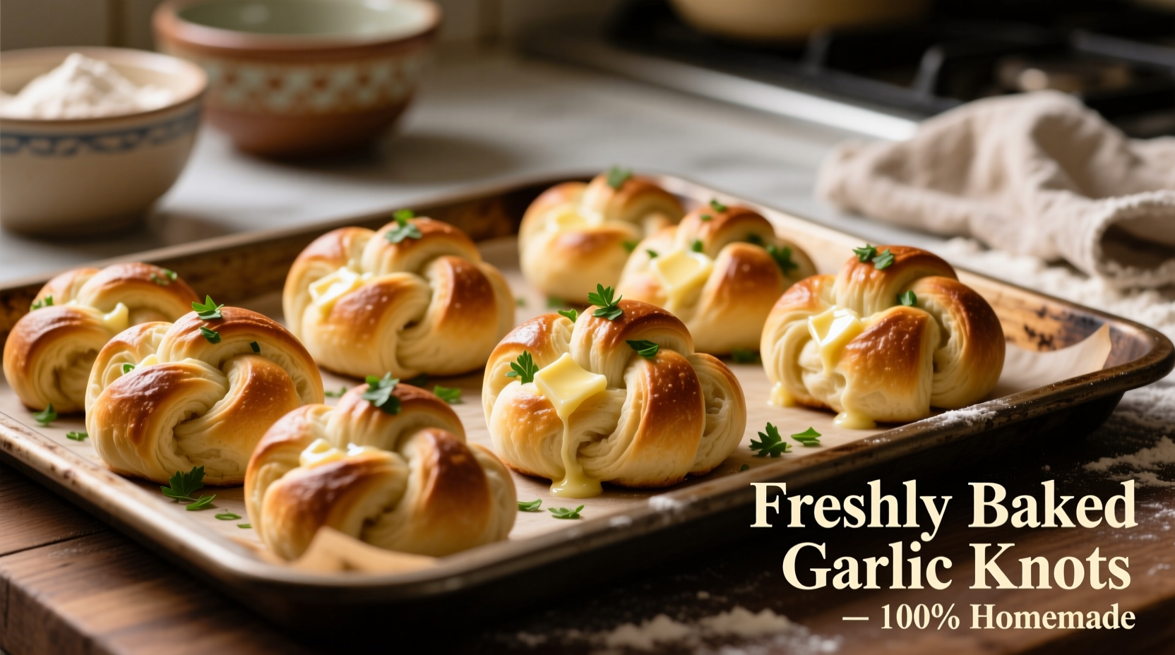 Freshly baked garlic knots on a baking sheet